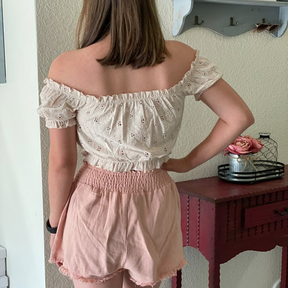Off White Cream Eyelet Cropped Off Shoulder Top - Picture 16 of 16